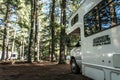 Canada Algonquin National Park 30.09.2017 Parked RV camper Lake two rivers Campground Beautiful natural forest landscape Royalty Free Stock Photo