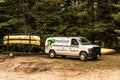 Canada Algonquin National Park 30.09.2017 Parked transporter of a canoe rental service at Lake two rivers Campground