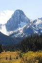 Canada- Autumn Landscape of a Tall Snow Covered Mountain and Forest