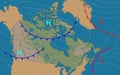 Canada. Canada bordered by USA and Alaska. Weather map of the country. Meteorological forecast. Editable vector illustration of a