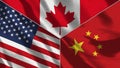 Canada and China and USA Realistic Three Flags Together