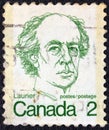 CANADA - CIRCA 1972: A stamp printed in Canada shows a portrait of Canadian Prime Minister Sir Wilfrid Laurier, circa 1972.