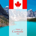 Canada Day. Banner With Canada Flag, Canada Landscape With Lake, Mountains, Pine And Spruce Forest. Moraine Lake. Square