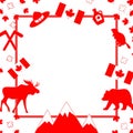 Canada day. Banner for Instagram with maple, flag, moose and hat, beaver and bear, mountains, maple syrup, maple