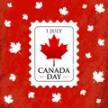 Canada Day Banner. postage stamp with maple leaf on red background. Vector Royalty Free Stock Photo