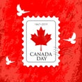 Canada Day Banner. postage stamp with a maple leaf on a red background with white birds. Vector Royalty Free Stock Photo