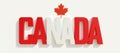 Canada day, Canadian National Holiday. red and white text and maple leaf isolated on white