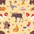 Canada day elements seamless pattern. Repeated national objects and symbols, maple leaves, syrup, moose and bear. Wrapping paper Royalty Free Stock Photo
