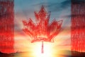 Canada Day. A pencil-drawn symbol of a maple leaf on a sunset or sunrise background. Flag and landscape, double exposure