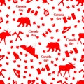 Canada day. Seamless pattern with maple, flag, moose and hat, beaver and bear, mountains, maple syrup. Vector