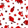 Vector Seamless Canada Day Patterns with Red national and traditional symbols on white background