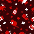 Canada Day Vector Seamless Patterns with Red and white national and traditional symbols on red background