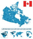 Canada - detailed blue country map with cities, regions, location on world map and globe. Infographic icons