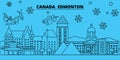 Canada, Edmonton winter holidays skyline. Merry Christmas, Happy New Year decorated banner with Santa Claus.Canada