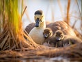 Canada Goose goslings sheltering under the goose