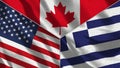 Canada and Greece and USA Realistic Three Flags Together