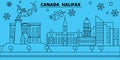 Canada, Halifax winter holidays skyline. Merry Christmas, Happy New Year decorated banner with Santa Claus.Canada