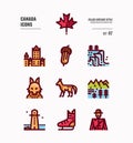 Canada icon set 2. Include Canada landmark, Maple leaf, landscape, red fox and more.