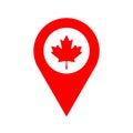 canada location pin, gps marker, made in canada symbol, find us sign, red color with maple leaf, vector
