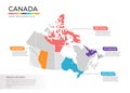 Canada map infographics vector template with regions and pointer marks