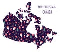 Canada map with seamless Christmas pattern. Santa Claus, candles, deer, berries, trees. Greeting card with New Year holiday symbol Royalty Free Stock Photo