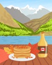 Canada Mountain Landscape and National Cultural Symbols, Pancakes and Bottle of Maple Syrup Vector Illustration