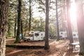 Canada Algonquin National Park 30.09.2017 Parked RV camper Lake two rivers Campground Beautiful natural forest landscape Royalty Free Stock Photo