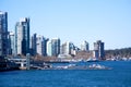 Canada Place and commercial buildings in downtown Vancouver port and pier liner ships arrive people strolling view