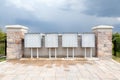 Canada Post community mailboxes on street against brick wall. Outdoosr community post mail convenience