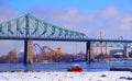 Canada, Province of Quebec, City of Montreal, Jacque Cartier bridge in front of Sainte Helene Island