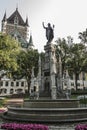 Canada Quebec City Fountain Monument of Faith woman in front of Chateau Frontenac tourist attraction UNESCO Heritage