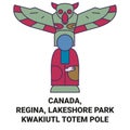 Canada, Regina, Lakeshore Park Kwakiutl Totem Pole travel landmark vector illustration