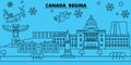 Canada, Regina winter holidays skyline. Merry Christmas, Happy New Year decorated banner with Santa Claus.Canada, Regina