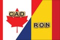 Canada and Romania currencies codes on national flags background