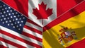 Canada and Spain and USA Realistic Three Flags Together