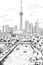 Toronto cityscape black and white vector coloring page