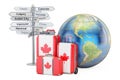 Canada travel concept. Suitcases with Canadian flag, signpost an