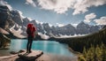 Canada travel man hiker at Moraine Lake Banff National Park, Alberta. Canadian rockies landscape