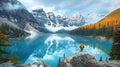 Canada travel man hiker at Moraine Lake Banff National Park nature landscape AI generated Royalty Free Stock Photo