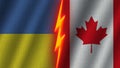 Canada and Ukraine Flags Together, Fabric Texture, Thunder Icon, 3D Illustration