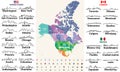 Canada, United States and Mexico detailed map with states names and borders. Flags and largest cities skylines outline icons of Un