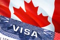 Canada Visa Document, with Canada flag in background. Canada flag with Close up text VISA on USA visa stamp in passport,3D Royalty Free Stock Photo