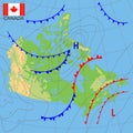 Canada. Weather map of the country. Meteorological forecast. Detailed physical map of Canada colored according to elevation