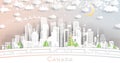 Canada. Winter City Skyline in Paper Cut Style with Snowflakes, Moon and Neon Garland. Christmas and New Year Concept. Santa Claus