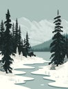 Canada. Winter landscape with fir trees, rivers,s and mountains.