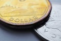 Canadian coins lie on white or gray surface. Small change of Canada. One dollar Canadian coin close up. Illustration on theme of Royalty Free Stock Photo