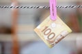 Canadian dollar bills clamped and hung