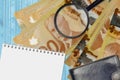 100 Canadian dollars bills and magnifying glass with black purse and notepad. Concept of counterfeit money. Search for differences