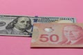 Canadian Dollars and North American currency. Bills on colorful