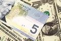 A Canadian five dollar bill on a background of dollar bills Royalty Free Stock Photo